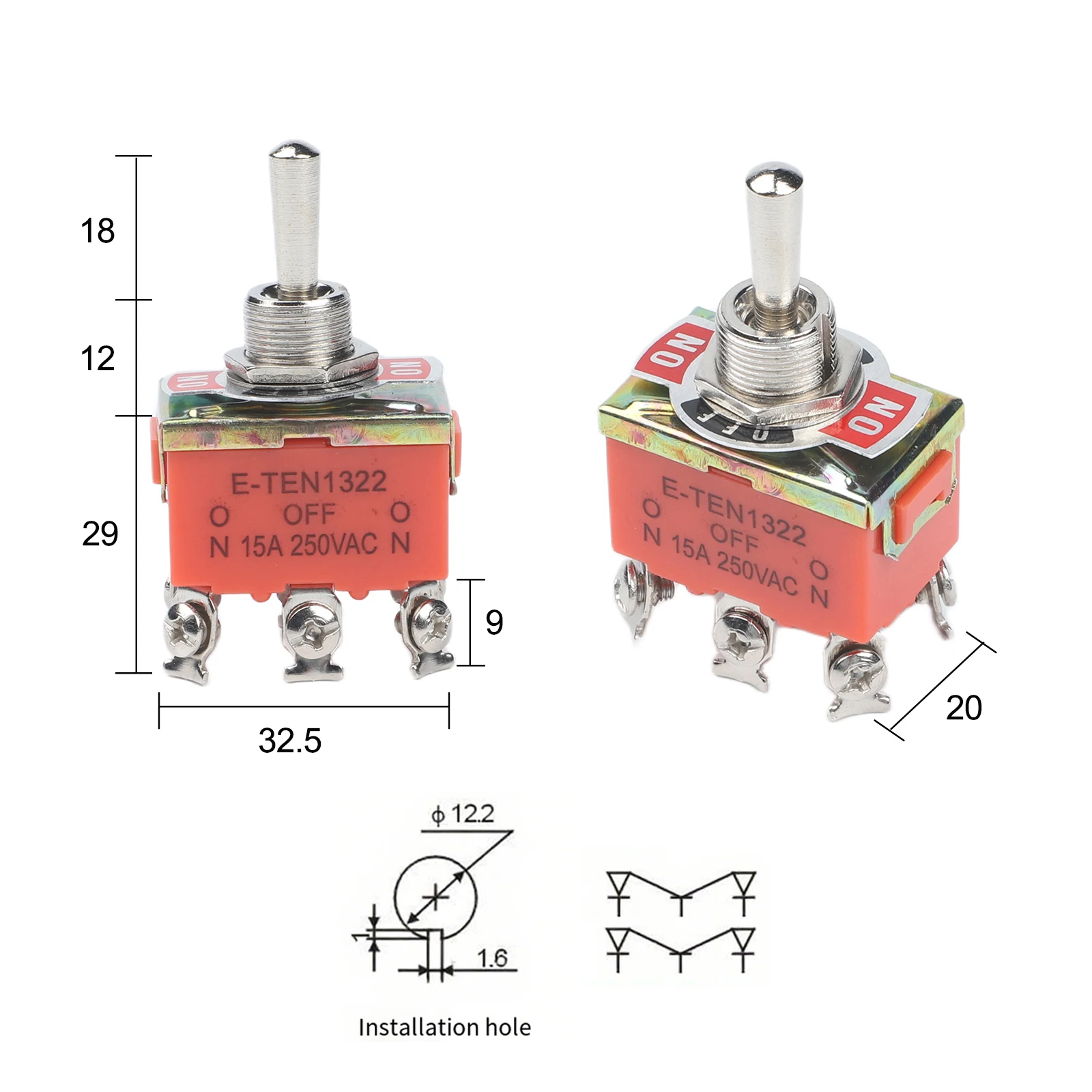 6-Pin 3-Position Toggle/ Switch 15A 250V SPST Rocker Switch With Self-Locking Mechanism For Automotive Marine Industrial Use
