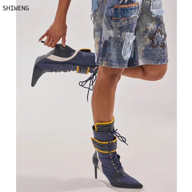 

Women's 2026 New mixed colors leather motorcycle boots sexy Patchwork pointy toe lace up cool booties big size 44 designer shoes