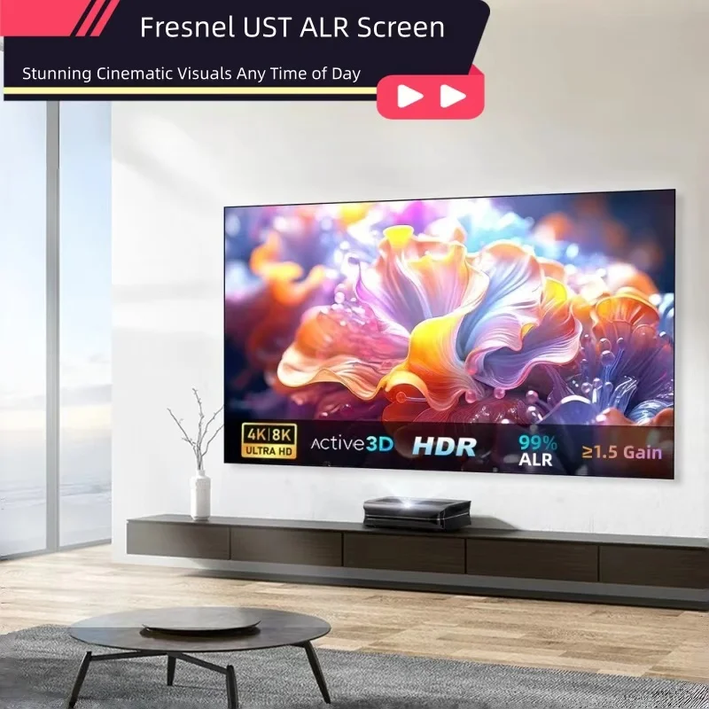 Ultra Narrow Bezel Fixed Frame Screen With Latest Fresnel Optical Ceiling and Ambient Light Rejecting Curtain For UST Projector