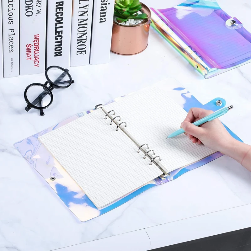 2 Pcs A6 6-Ring Rainbow Clear PVC Binder Cover Refillable Notebook Binder Protector Loose Leaf Planner Binder Cover