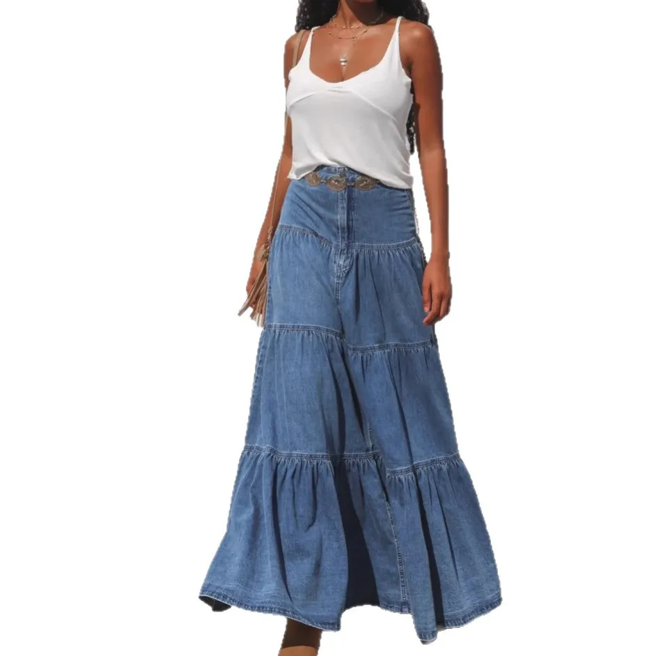 Street Sle Low Waist Denim  Skirt Women Casual Cake Design A-Line Skirts Spring Summer Faion High Waist Long Skirts