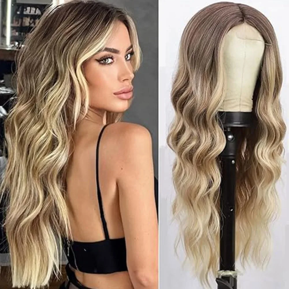 Women's Long Curly Wig with Gradient Color, T-Shaped Large Waves, Synthetic Full Head Wig