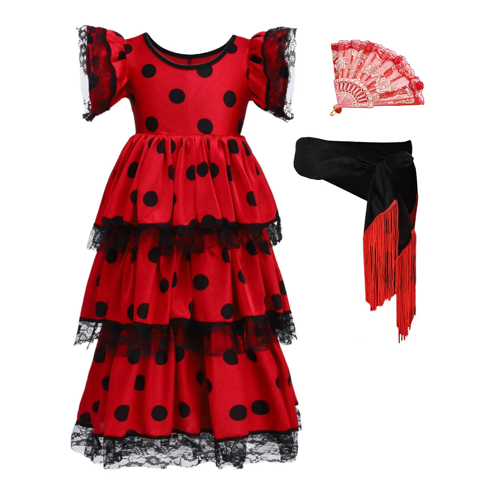Girls Flamenco Performance Dress Round Neck Flying Sleeves Black Polka Dot Layered Ruffled Skirt with Fan And Detachable Belt