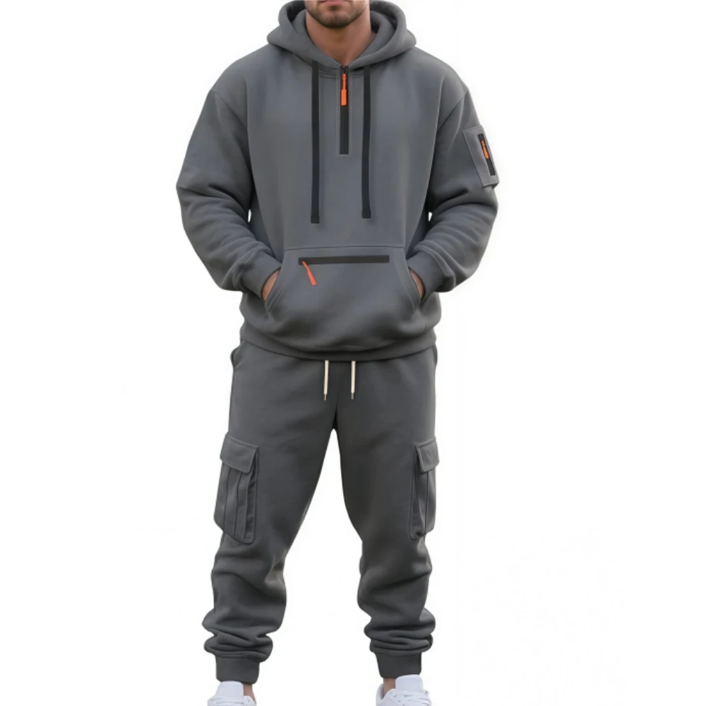 رجل الخريف الشتاء الرياضة تجريب مجموعة مقنعين سترة عادية سترة في الهواء الطلق سميكة الدافئة هوديس السراويل قطعتين مجموعة رياضية