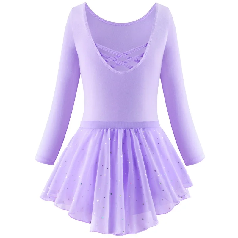 

2-Piece Set Long Sleeved Ballet Tops+Skirt Children Girls Hollow Crisscross Back,Shiny Skirt Kids New Sequined Dance Costume New