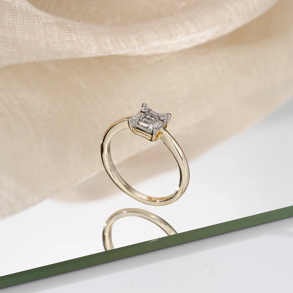 Mini-Quadrat-Ohrringe und Ring-Set, kupferbeschichtet, 14K Gold, modischer Schmuck, schlichte, funkelnde Diamant-Accessoires für den Alltag. – Detail 8