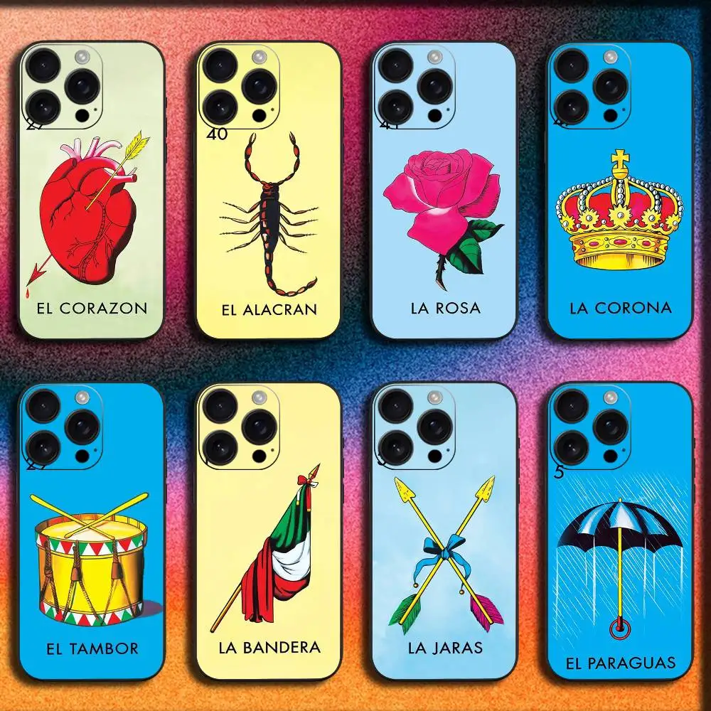 حافظة هاتف بينغو اليانصيب المكسيكي المضحك لهاتف آيفون 17,16,15,14,13,12,11,Pro,Max,Plus,E,SE4,Air,غطاء أسود صغير