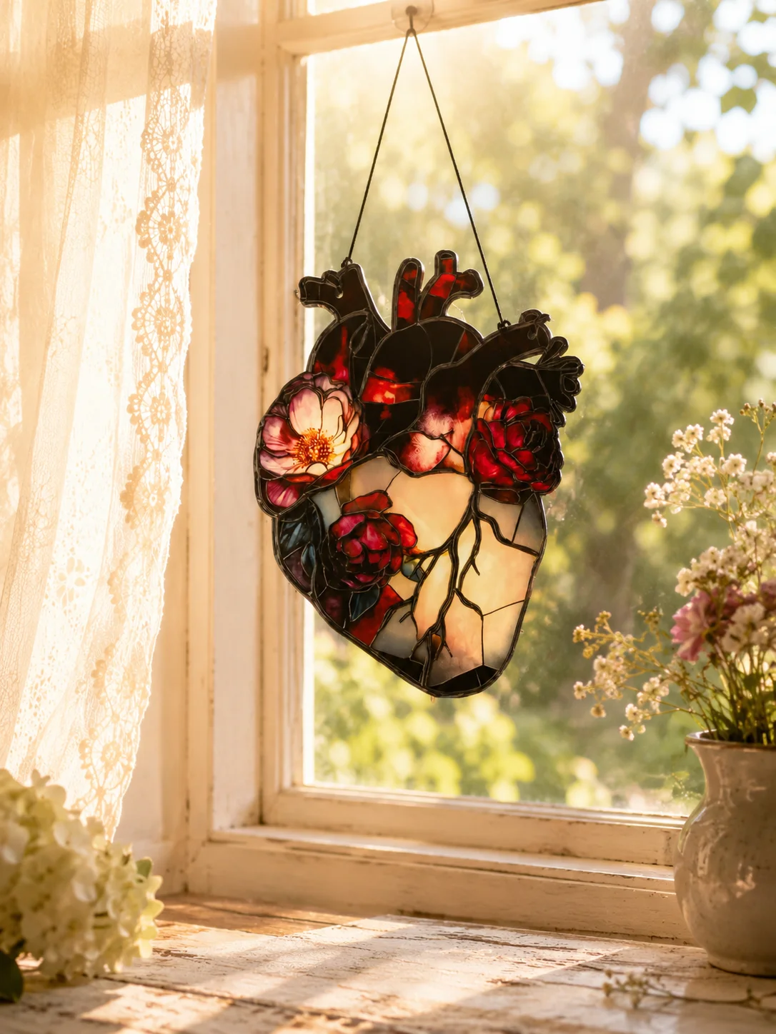 Vintage Gothic Floral Anatomical Heart Suncatcher Acrylic Window Wall Hanging Ornament Red Rose Heart Art Home Wall Decor Gift view 3