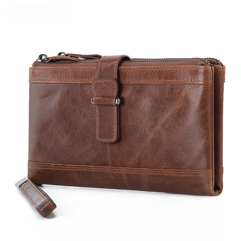 

Genuine Leather Men's Clutch Wallet RFID Vintage Long Wallets Double Zipper Design Phone Pocket Male Purse Card Holder Money Bag