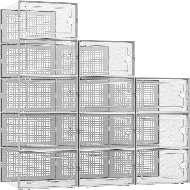 X-Large Shoe Storage Boxes Organizers Clear Plastic Stackable 12 Pack, Shoe Rack & Holder Substitute, Sneaker Containers