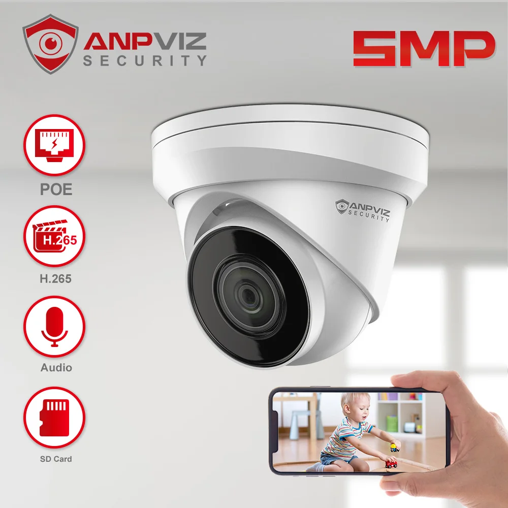 

Anpviz 5MP POE IP-камера Наружная безопасность Ночное видение 30 м CCTV Видеонаблюдение IP67 Макс. 256 ГБ Хранение H.265+