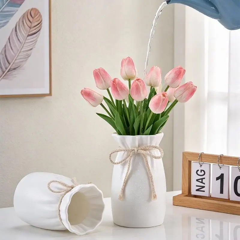 White Plastic Wide-Mouth Flower Vase With Jute Rope Bow Living Room Table Centerpiece Arrangement Ornament
