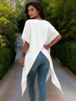 Ladies Elegant White Blouse Batwing Sleeve Asymmetrical Hem Loose Fit Tunic - Image 2