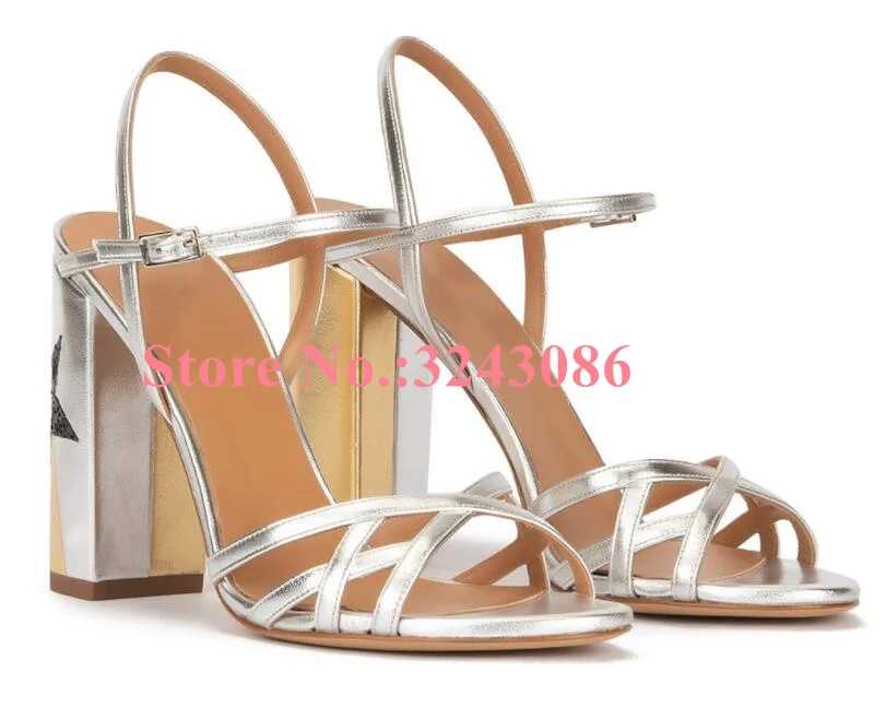 New Gold Color Chunky Heel Woman Sandals Fashion Design Strappy Peep Toe Dress Sandals Sexy Female Large Size Banquet Shoes