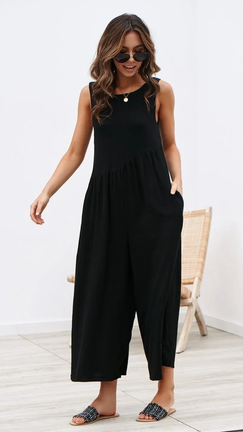 2023 Summer Loose Vest Sleeveless Casual Wide-leg Jumpsuits Women Solid Loose Folds Female Rompers One Piece Outfit Boho Fashion