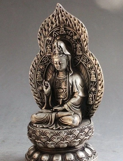 

Old Chinese Buddhism Silver Sit Kwan-yin Guan Yin Avalokiteshvara Buddha Statue