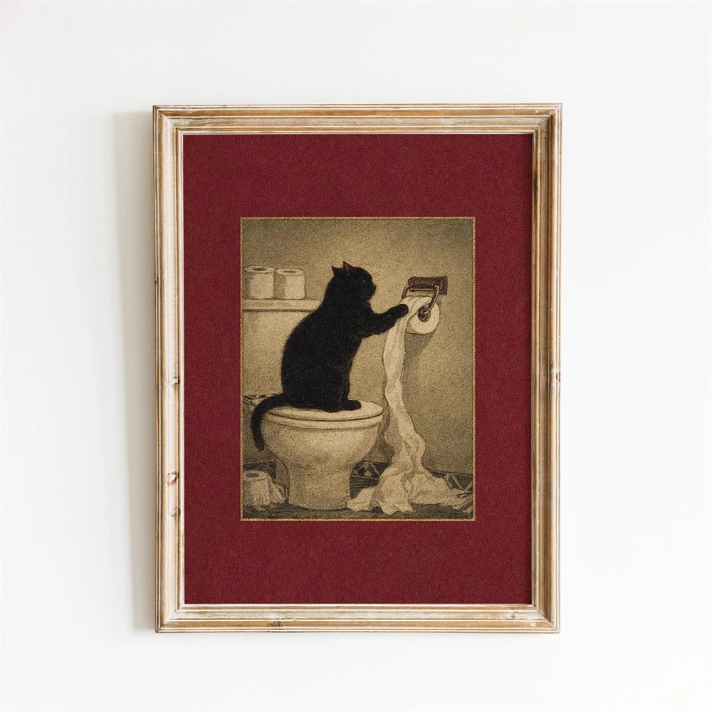 Reading Cat Bathroom Art Poster Whimsical Black Cat Poster Funny Black Cat Bathroom Print Vintage Toilet Humor Wall Decor