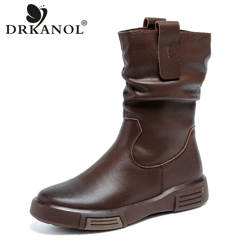 

DRKANOL 2026 Сапоги до середины икры из натуральной воловьей кожи для женщин, осень-зима, плиссированные слипоны с круглым носком, теплые плюшевые хлопковые сапоги на плоской подошве, женские