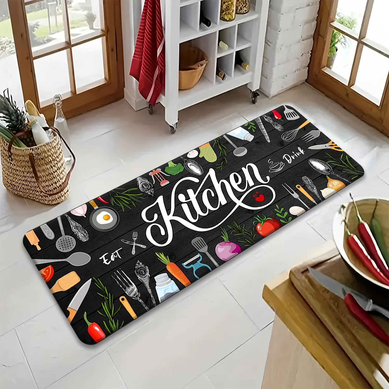 Black Wood Kitchen Runner Rug Cute Cooking Utensils Vegetable Print Anti Slip Long Kitchen Floor Mat  Carpets for Living Room