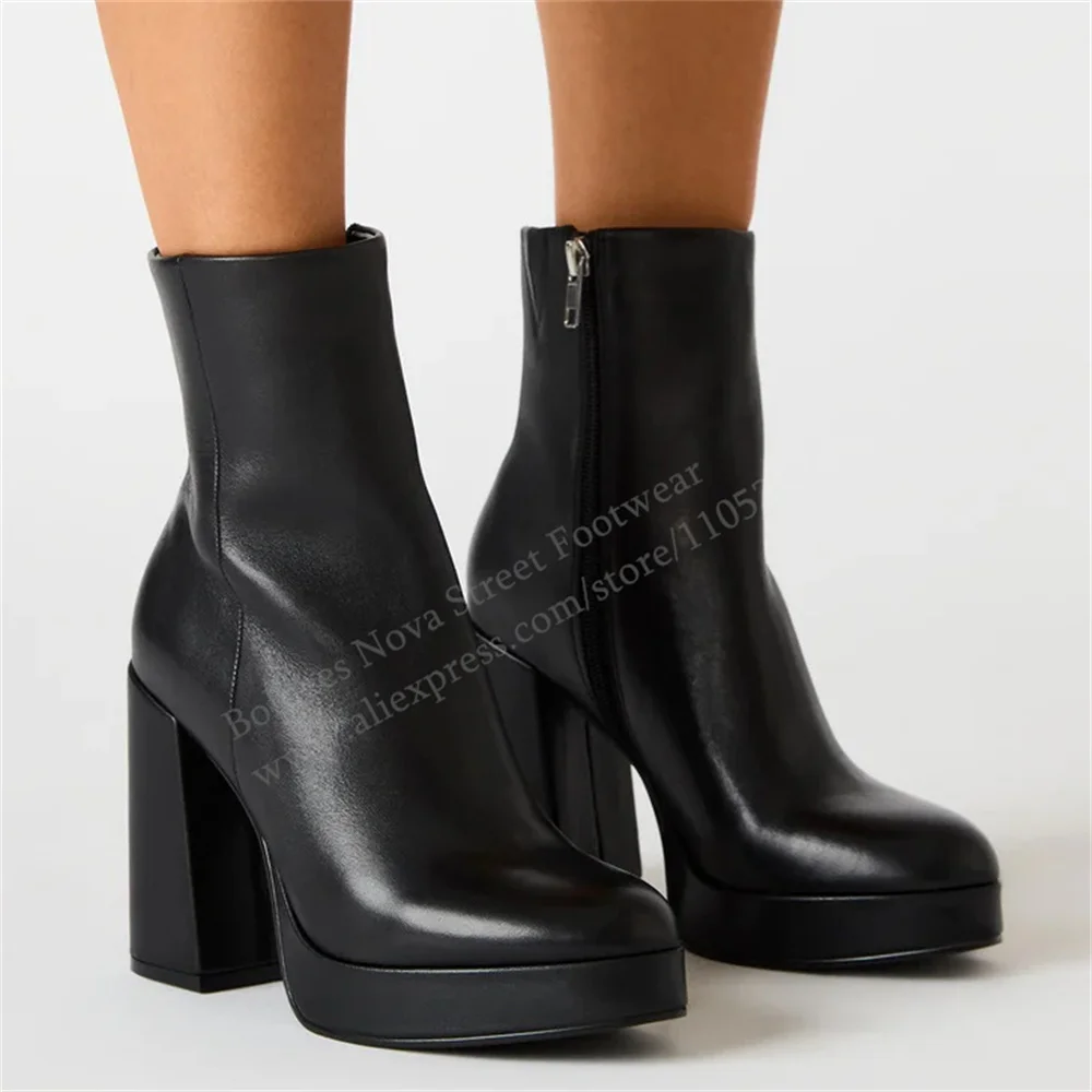 Black Leather Platform Block Heel Women's Ankle Boot Casual Chunky Heel Solid Color Side Zipper Winter New Elegant Short Boot