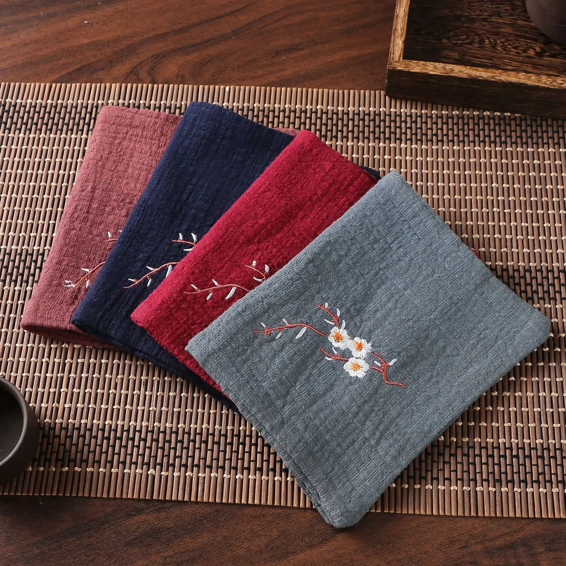 Cotton Linen Chinese Style Zen Tea Towel Absorbent Thickened Rag Flower Embroidery Tea Towel Tea Coaster Accessories