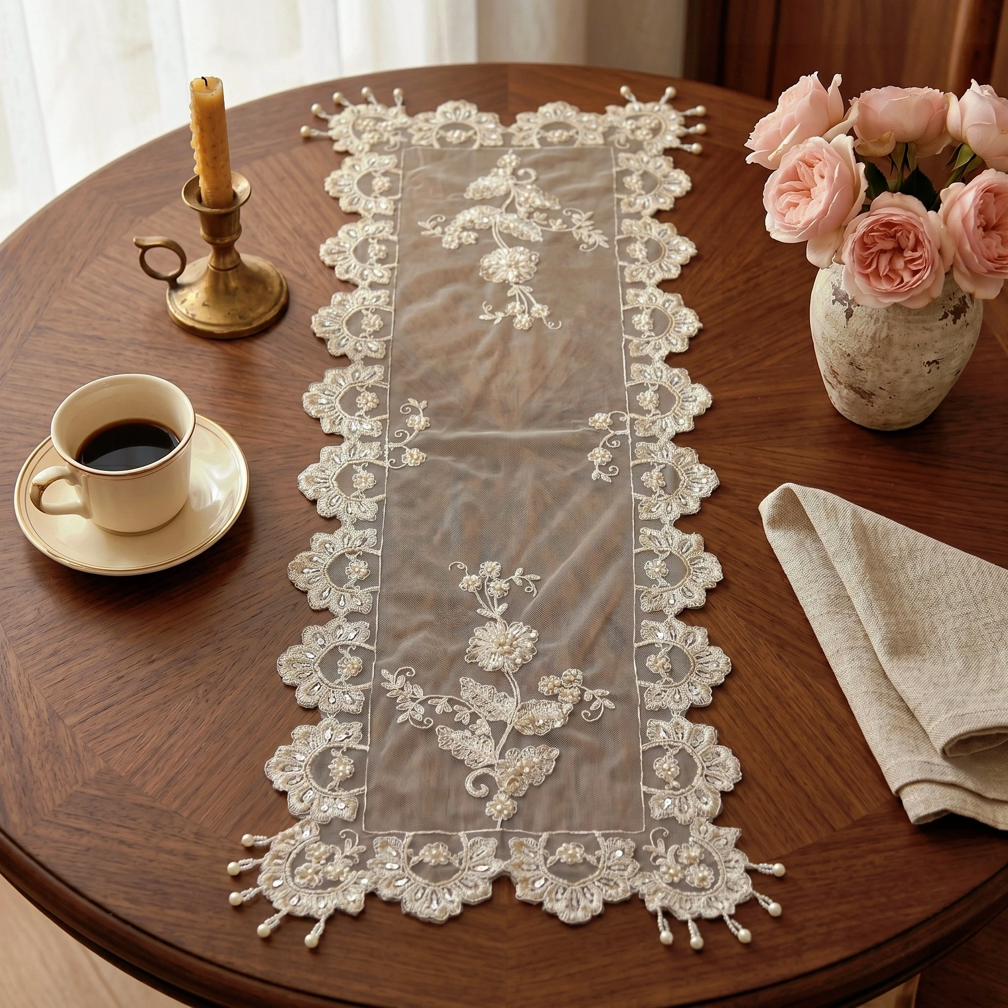 Chemin de table brodé élégant pour salon, nappe florale, tapis de bureau à sequins, couverture de coiffeuse, décoration de table raffinée