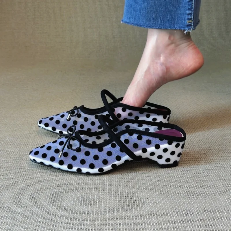 2026 new summer women sandals natural leather 22-24.5cm mesh+sheepskin polka dots buckle mules high heel women slippers fashion