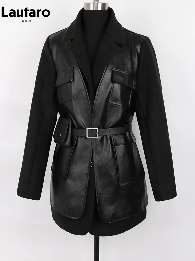 Lautaro-Black PU Leather Blazer for Women, Wool Blend Blazer, Long Sleeve Belt, Runway Designer, Luxury Fashion, Autumn