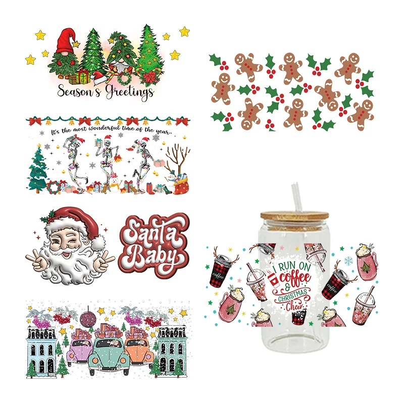 3D UV DTF Transfers Stickers 16oz Cup Wraps Santa Christmas Printed For DIY Glass Ceramic Metal Leather Etc. D3648