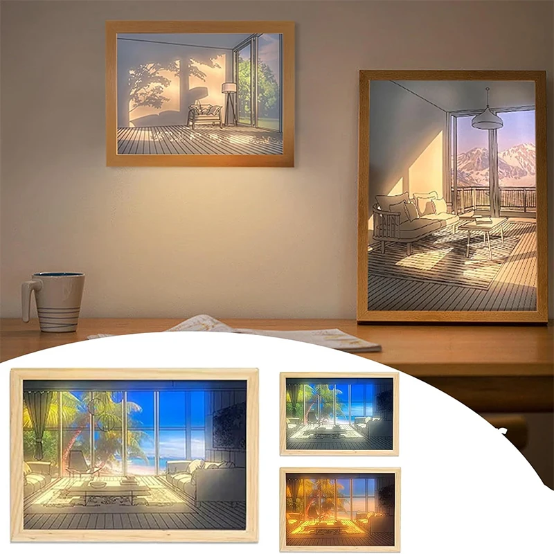 Pittura a luce Led decorativa spina USB dimmerabile opera d'arte da parete lampada da tavolo regalo finestra a luce solare per interni foto in legno notte luminosa