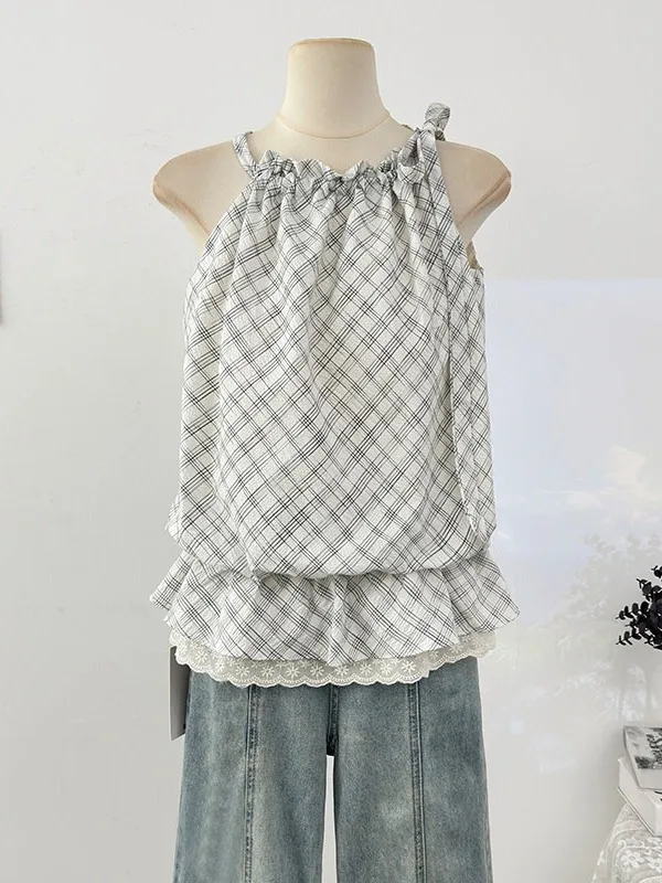 

plus Size Lace Splice Sleeveless Women's Top Korean Style Summer Plaid Strap Vest Casual Loose Fit Skin-friendly Breathable