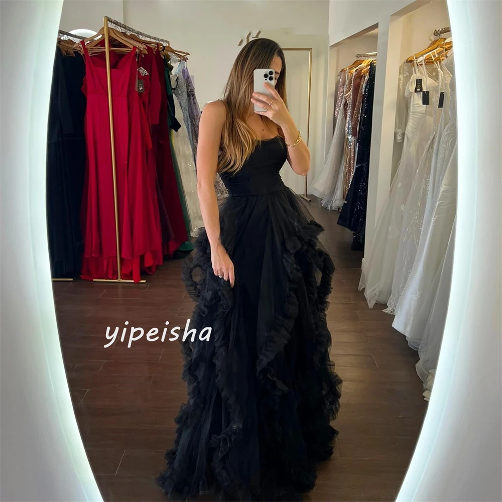 Tulle increspato Quinceanera a-line senza spalline abito da occasione su misura abiti lunghi