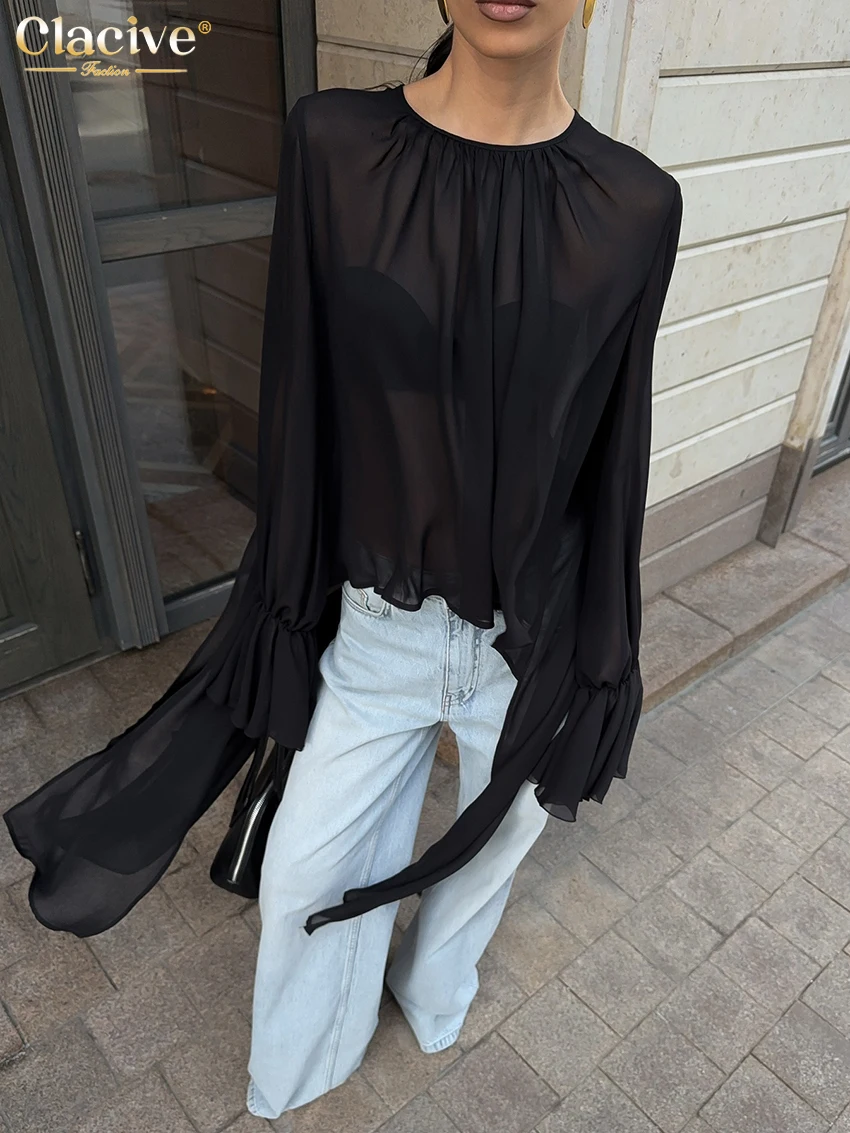 Clacive موضة فضفاضة قميص نسائي أسود 2025 عادية س الرقبة طويلة الأكمام سيدة قميص أنيق كلاسيكي قمة صلب الملابس النسائية