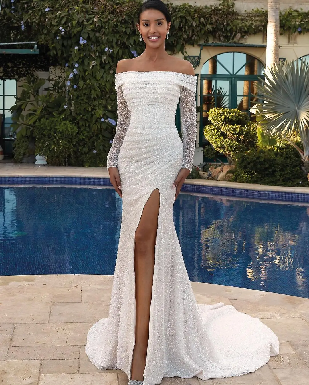 Shiny  off The Shoulder Beaded Sequined Long Sleeves Pleat Mermaid Wedding Dresses Side Slit Custom Made Bridal Grown 2025