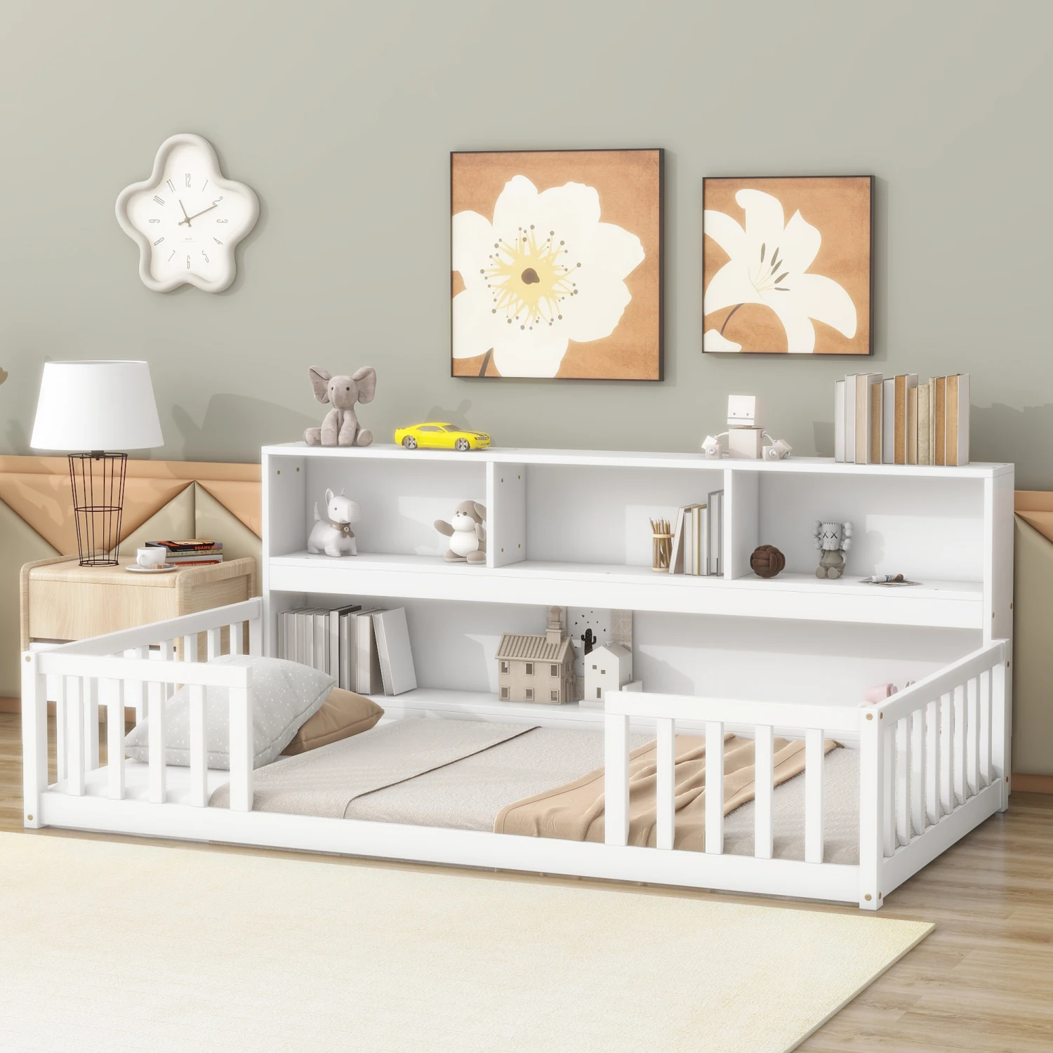 

Twin Floor Bed with Bookcase, Shelves, Guardrails in White