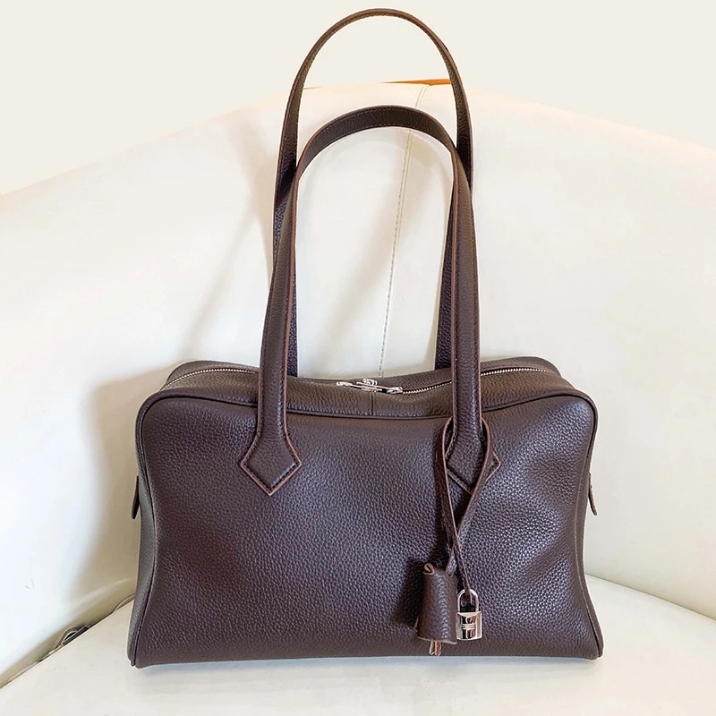 Genuine Leather Women’s Tote Handbag with Silver Lock Shoulder Bag