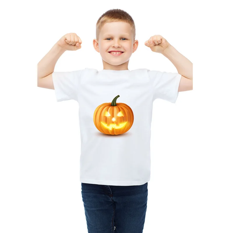 Nova camiseta infantil de halloween, meninos e meninas, estampa de desenho animado, manga curta, camiseta de abóbora infantil