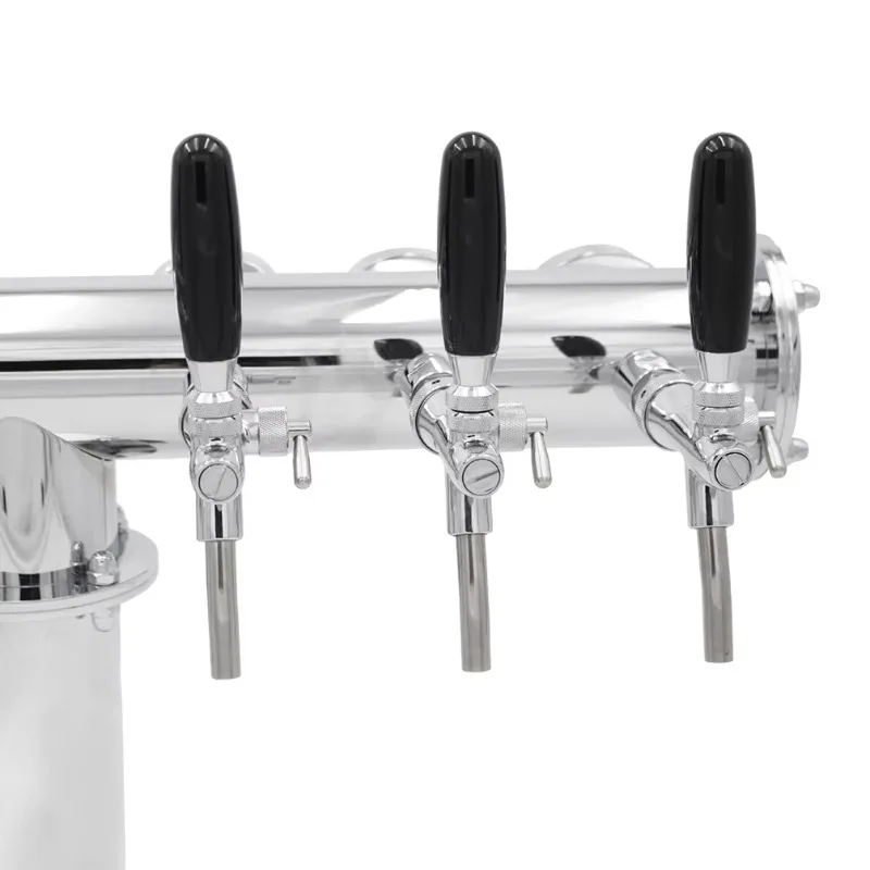 Silver chrome-plated stainless steel commercial-grade large T-shaped beer tower with 6 taps