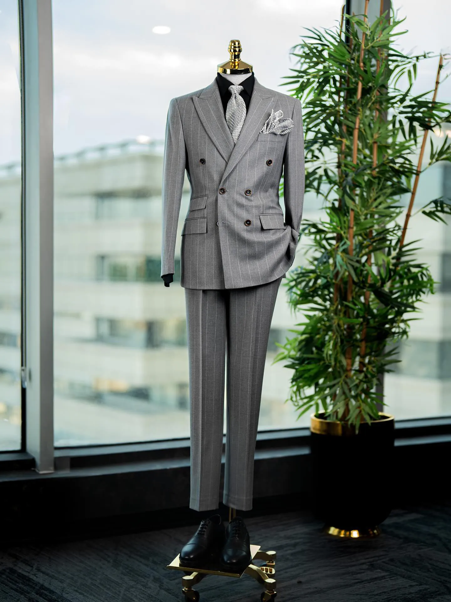 Classic Grey Pinstripe Double Breasted Men's 2 Piece Suit with Peak Lapel and Flap Pockets Formal Business Custom Made M264707