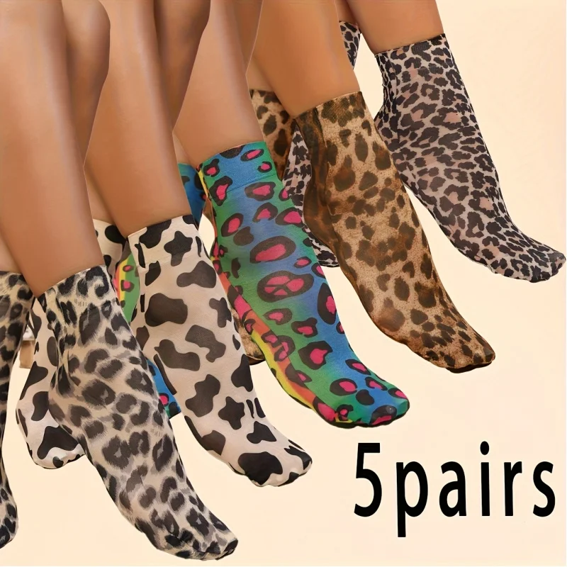 5 Pairs Leopard Flower Print Ankle Socks, Random Printed Women's Mid-calf Summer Breathable Thin Short Sock