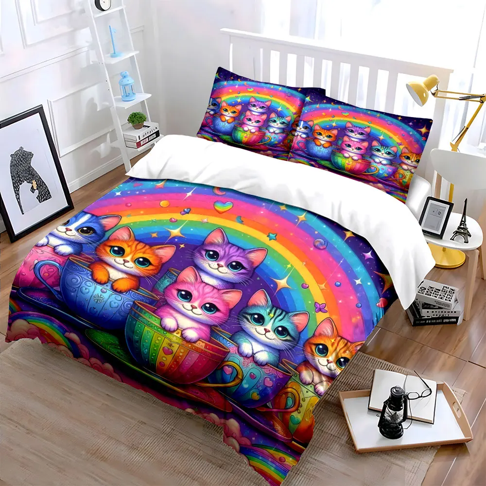 3pcs Adorable kittens in rainbow teacups Pattern Duvet Cover Set Digital Print Colorful Polyester Bedding with Zipper Closur