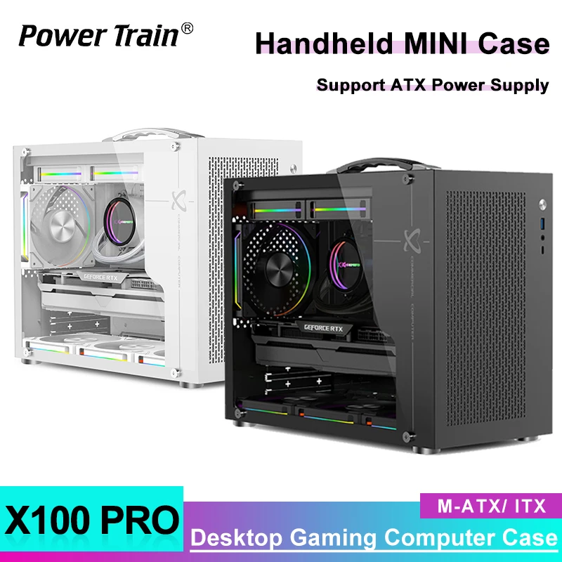 

Power Train X-Gamerx X100 Pro M-ATX ITX Handheld PC Case Transparent Side 240 Water-cooled TYPE-C Portable Computer Chassis