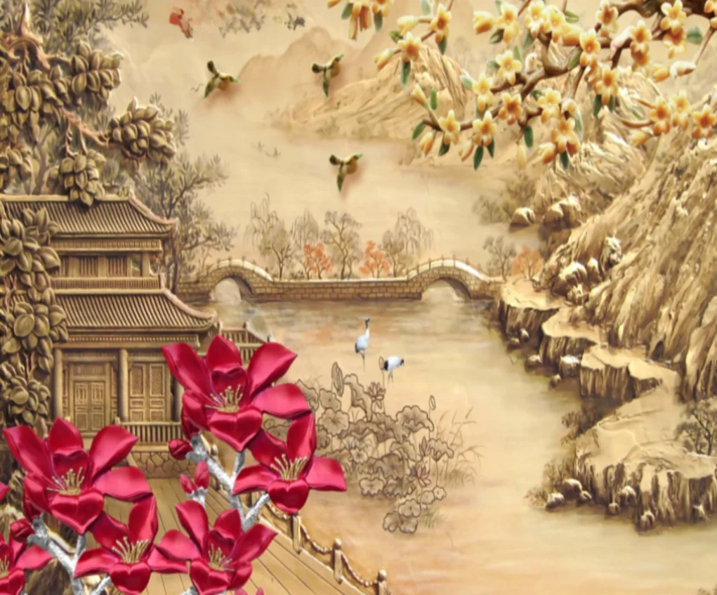 

Custom Wallpaper Chinese style relief carved frame loft landscape plum blossom landscape 3D Wallpaper home decoration Murals