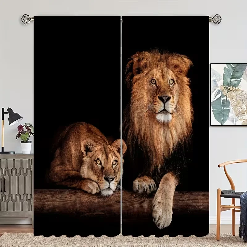 Cortinas de León y Leona (2 piezas) - Cortinas con estampado de vida salvaje majestuosa para decoración de sala de estar y dormitorio