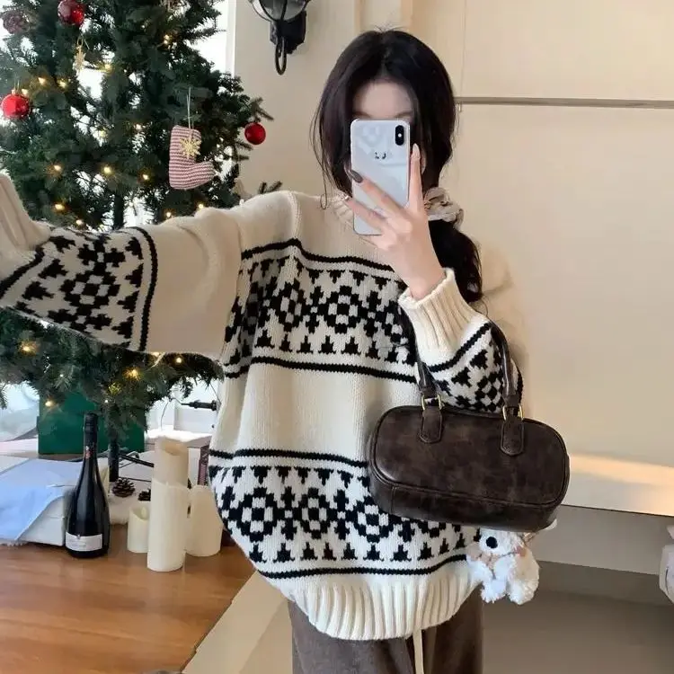 Knitted Red Sweater Women'S Autumn Winter New Christmas Loose Lazy Style Soft Waxy Pullover High-End Contrast Top