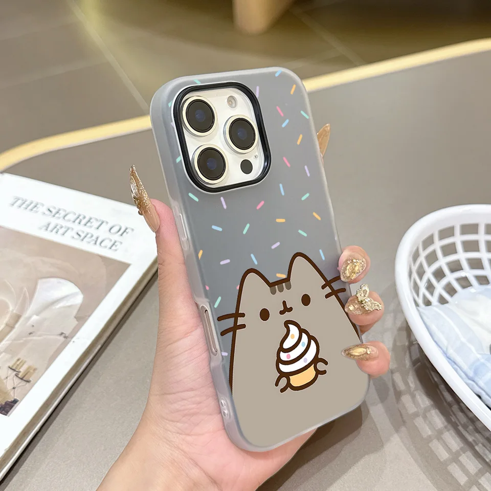 Funda de Silicona Mate 2 en 1 con Gato P-Pusheens para iPhone 17 Air 16e 16 15 14 13 Plus 12 11 Pro X XR Max 4