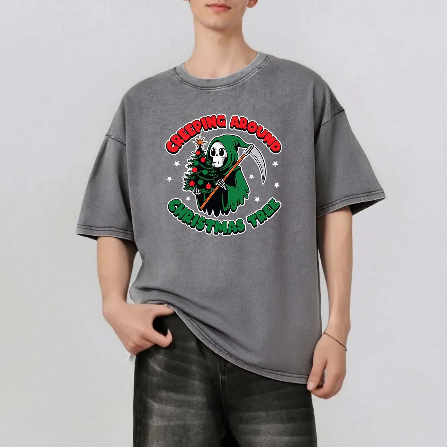 

Christmas Skull Graphic Printing Men's Summer Retro Style Washed Water T-Shirt Casual Short Sleeved Basic Men's Top 230G