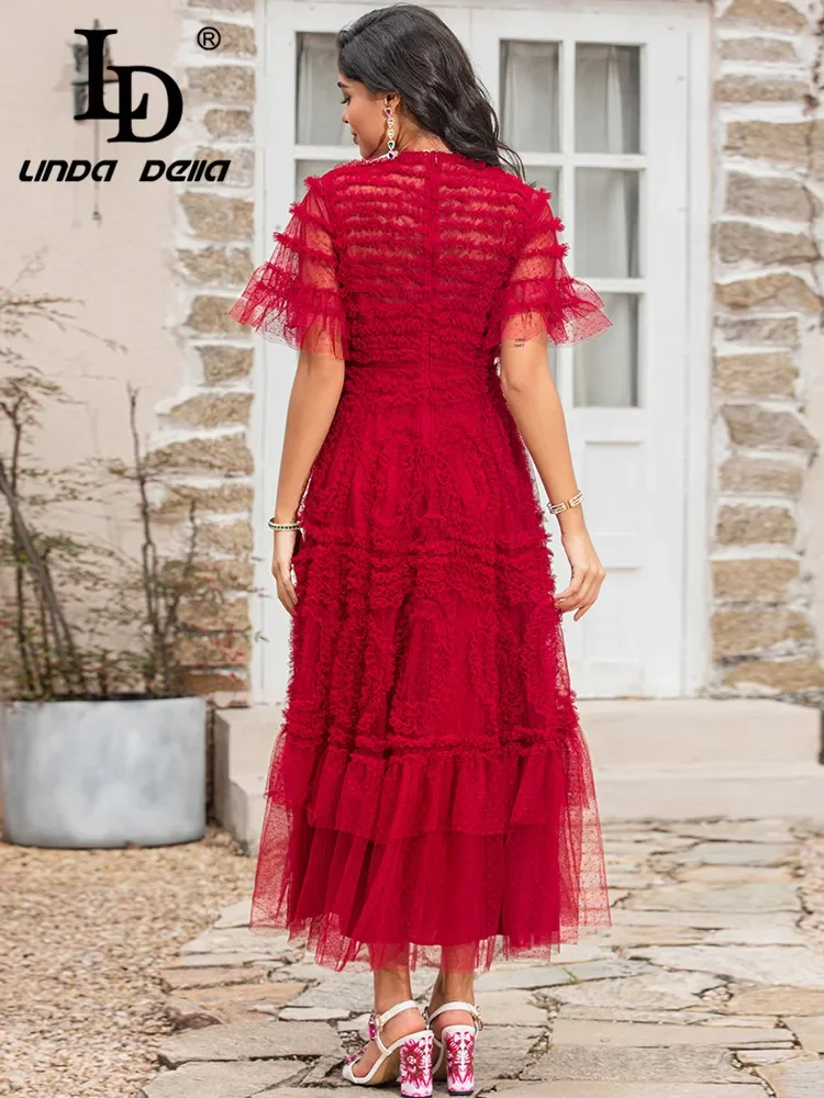 LD LINDA DELLA Summer Runway Fashion Red Mesh Dress Women Short sleeve Dot Splicing Vintage Party Long Dress Vestidos