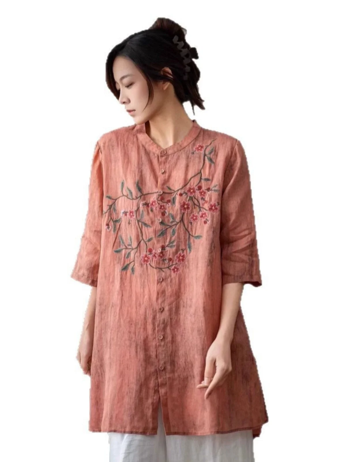 레트로 자수 미디 셔츠 플러스 사이즈 여성 캐주얼 오픈 가디건 슬릿 스탠드 칼라 빅 버튼 미디 셔츠 여성용...