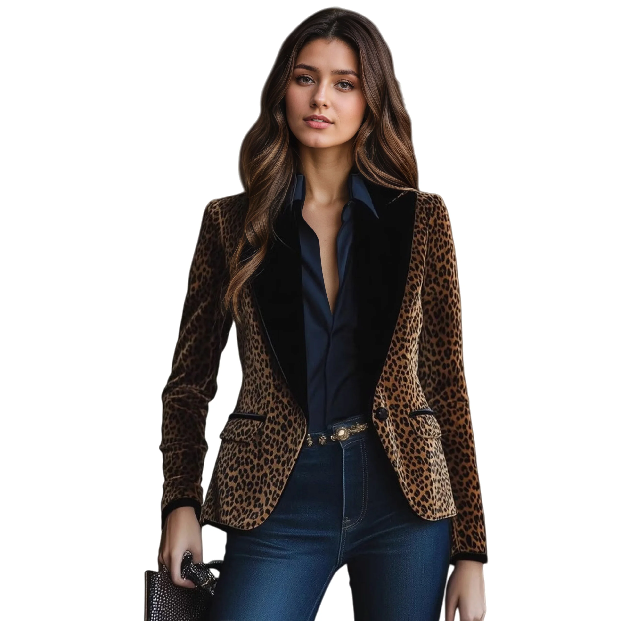 

Women's Leopard Print Blazer - Classic Button Up Fitted Business Jacket Fashion Contrast Lapel Office Wear Suits